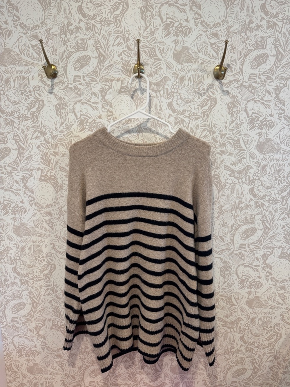 A New Day Beige and Black Striped Crewneck Sweater